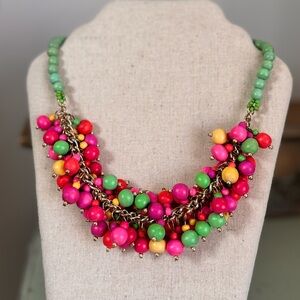 Vintage Wooden Bead Colorful Chunky Statement Bib Necklace